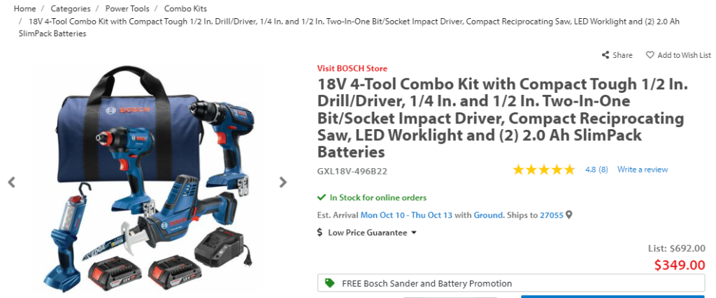 October Deals from Acme Tools - Bosch 4-Tool Combo Kit with Compact Tough Drill/Driver, Two-in-one Bit/Sockert Impact Driver, Compact Reciprocating Saw, LED Worklight, and SlimPack Batteries.