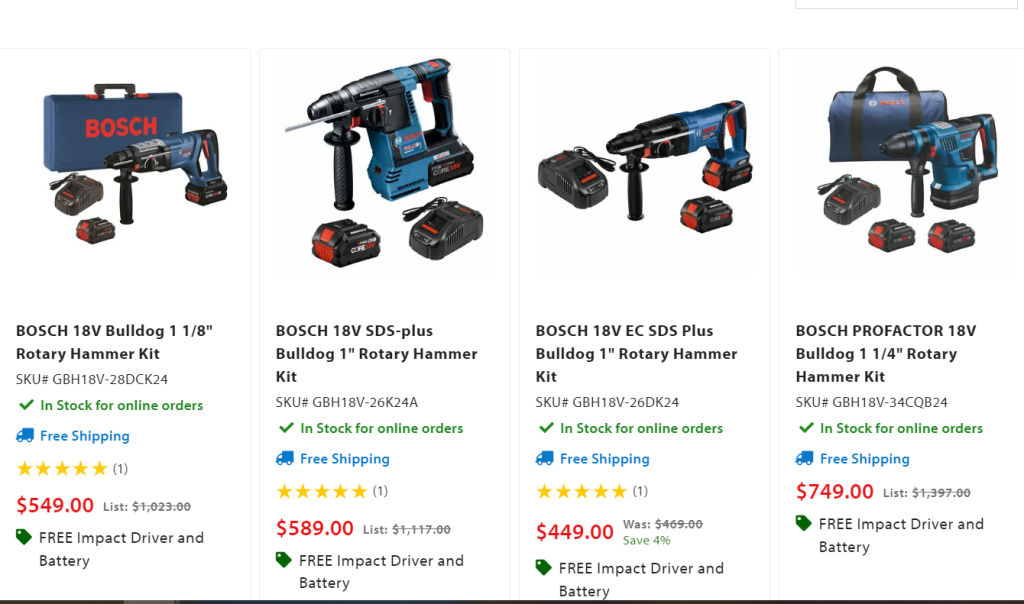 Bosch 18V Impact Driver and 8.0Ah Battery with Rotary Hammer.