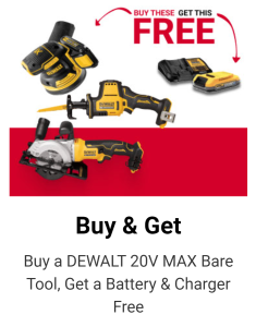 DeWalt 20V Max bare tool, get a battery and charger free.